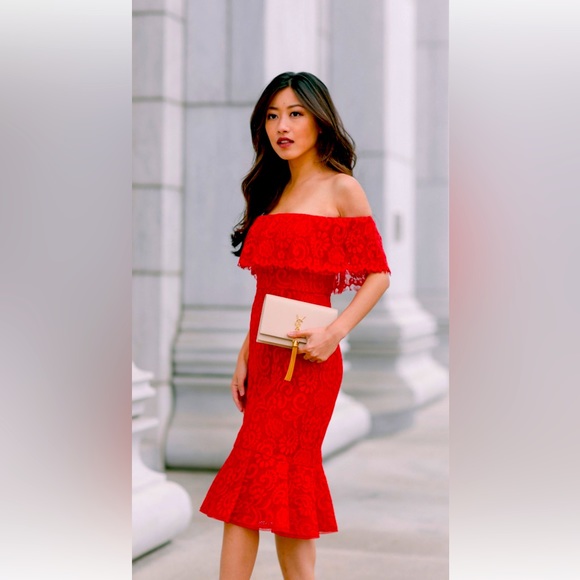 BCBGMaxAzria Dresses & Skirts - BCBGMAXAZRIA NWT Burt red off the shoulder lace dress; Little Red Dress Size 10